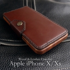 Apple iPhone X / Xs 専用　木と革のデザインケース Book Type