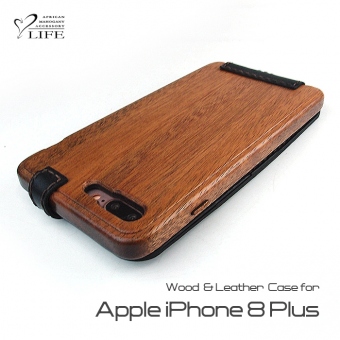 iPhone 8　Plus専用　木と革のデザインケース縦開き