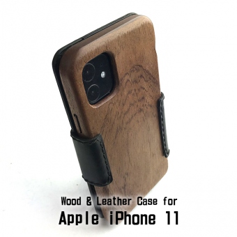 Apple iPhone 11 専用　木と革のデザインケース Book Type